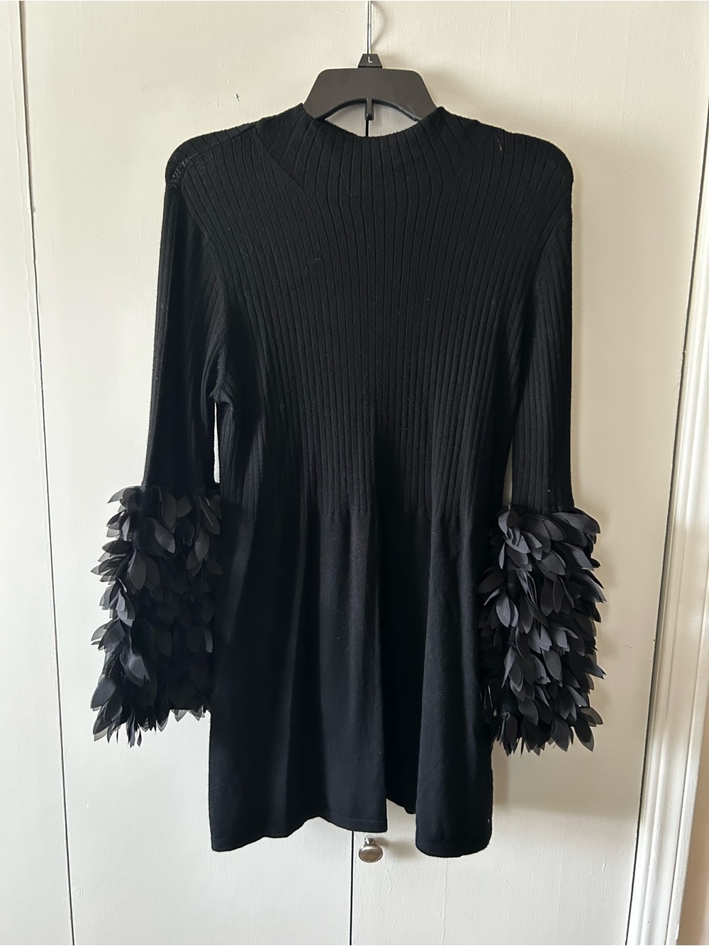 NWT Tyler Boe Black Ribbed Mini Sweater Dress with Petal Sleeve Accents
